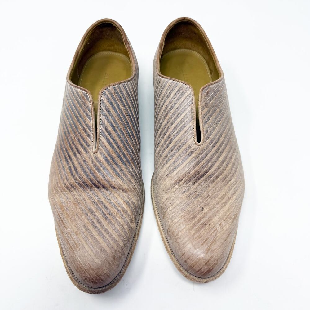 Billy Reid Tan Tooled Leather Striped Slip Ons Women's Sz 9.5 EUC Made in Italy - Picture 2 of 9